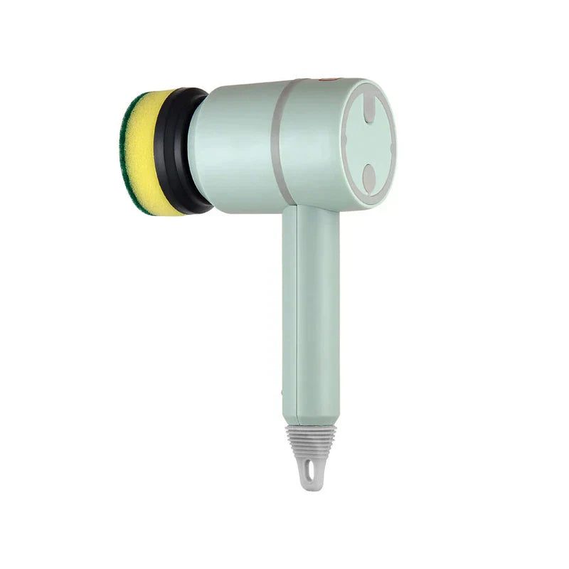 Cleaning Brush - Side view of mint green handheld powered scrubber with attached sponge scrub pad
