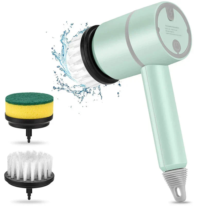 Cleaning Brush - Handheld powered scrubber with bristle head attached, shown with two interchangeable replacement heads and water splash effect