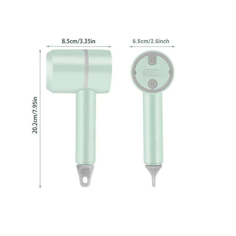 Cleaning Brush - Dimension diagram of a mint green handheld T-shaped device, shown from side and rear views with centimeter and inch measurements