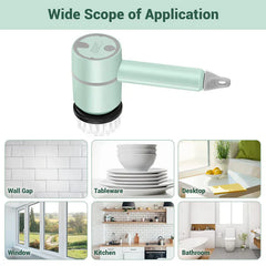 Mint green handheld electric cleaning brush with attached bristle head, above six labeled application scene thumbnails
