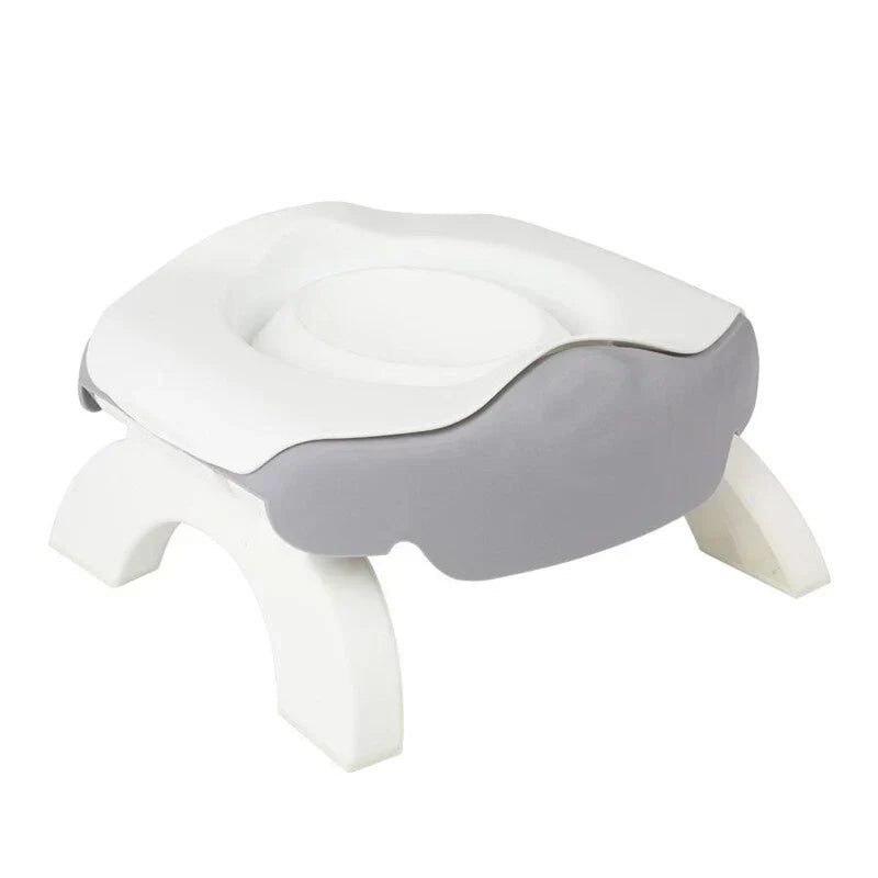 Folding Travel Potty - Gray and white assembled potty with integrated fold-out legs