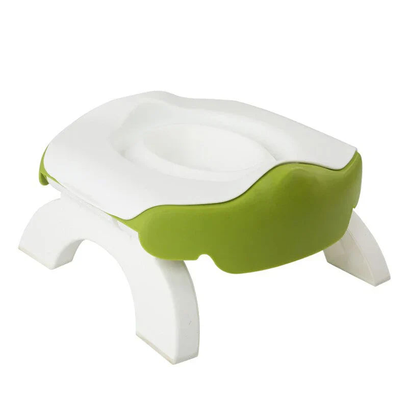 Folding Travel Potty - Foldable children's travel potty with white seat and green base, three white curved support legs