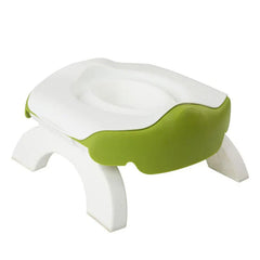 Folding Travel Potty - Foldable children's travel potty with white seat and green base, three white curved support legs
