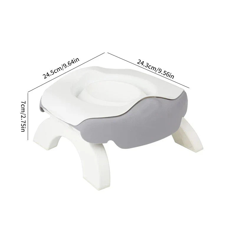 A travel potty seat with white and gray coloring, shown with dimension labels on a white background.
