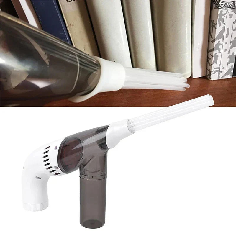 Two views: a close-up of a vacuum nozzle near books on a shelf, and a full handheld vacuum with a white multi-prong tip on a white background.