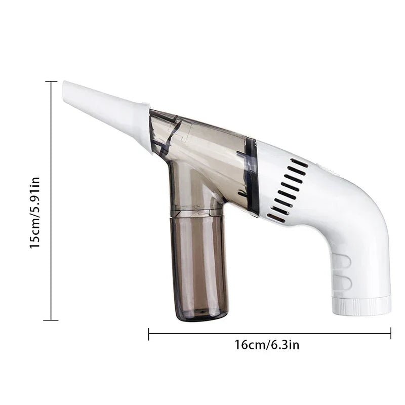 Size diagram of a small handheld vacuum with 15cm height and 16cm length labels on white background.