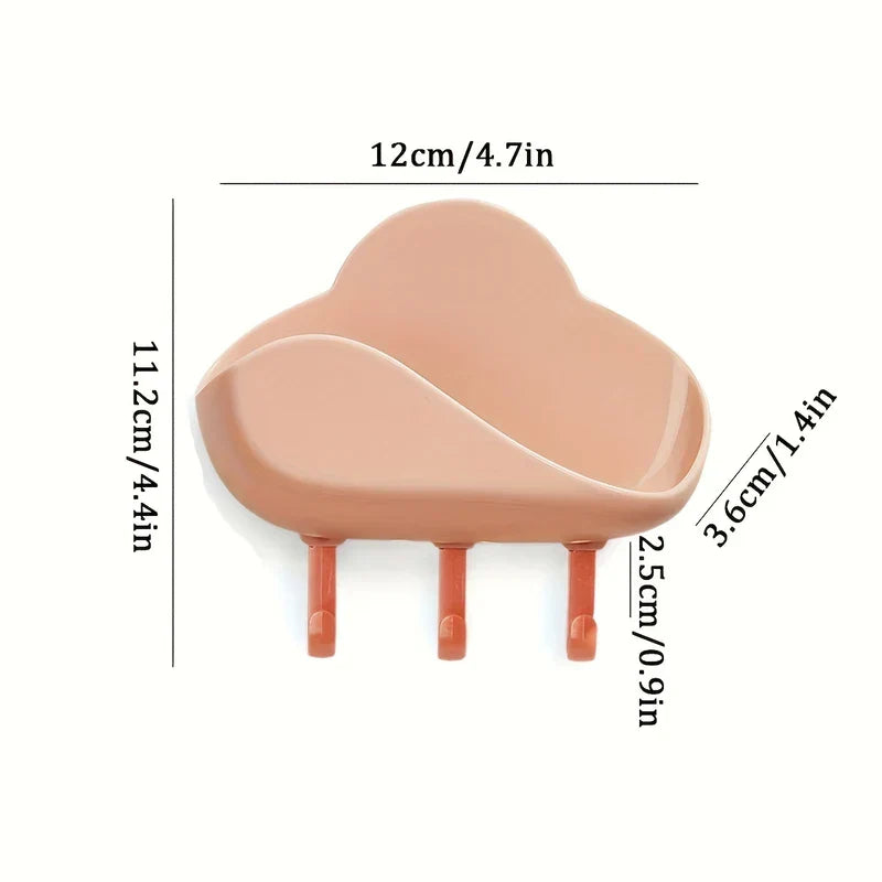 Cloud Wall Hooks - Pastel pink wall-mounted cloud-shaped soap holder with three hooks, shown with size dimension labels