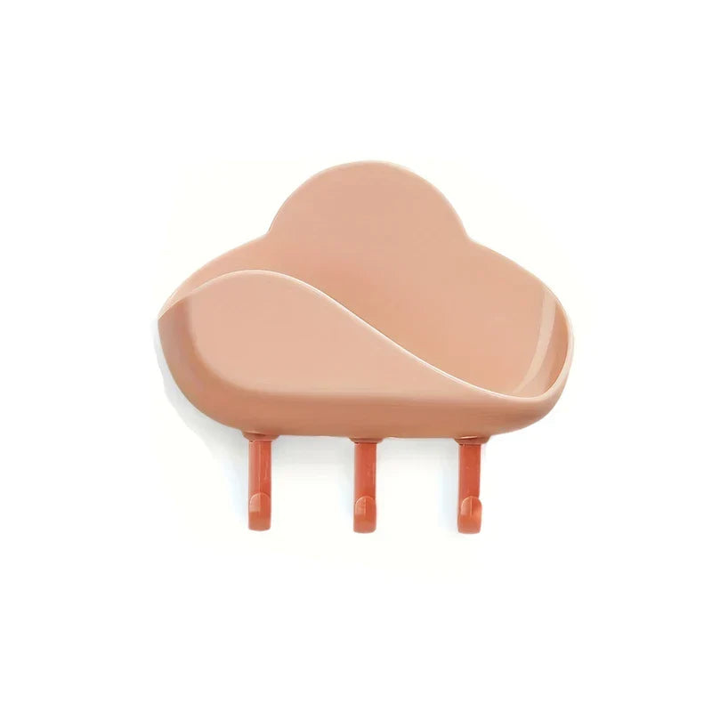 Cloud Wall Hooks - Dusty peach cloud-shaped wall mounted storage shelf with three terracotta hooks