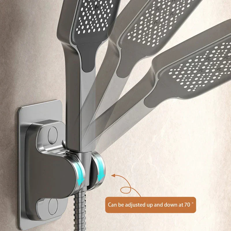 Shower Head Holder Bracket - Handheld shower in wall-mounted adjustable holder, showing 70-degree up/down tilt range.