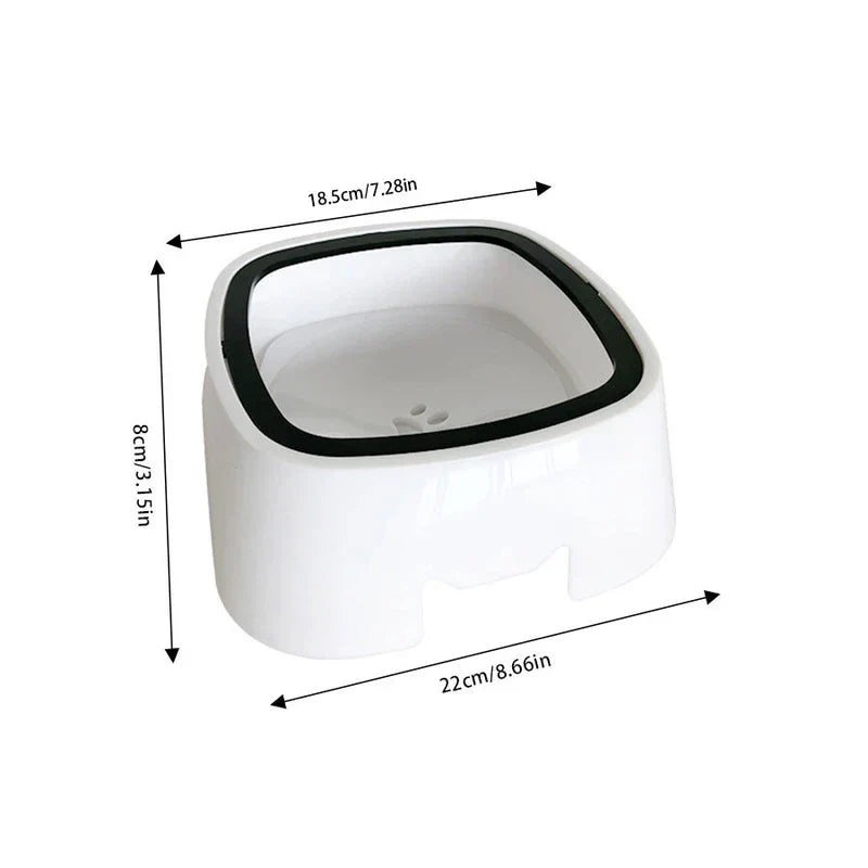 Dog Water Bowl No Spill - White pet water bowl with black rim, showing dimension markings: 8cm tall, 18.5cm inner width, 22cm outer length