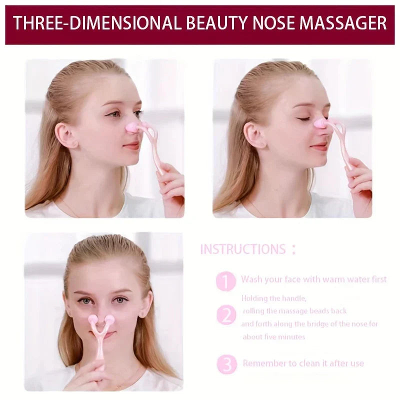 Nase-Form-Lifting-Clip – Vierfeld-Diagramm mit Anwendung und Anleitung für ein rosafarbenes Nasenroller-Massagegerät