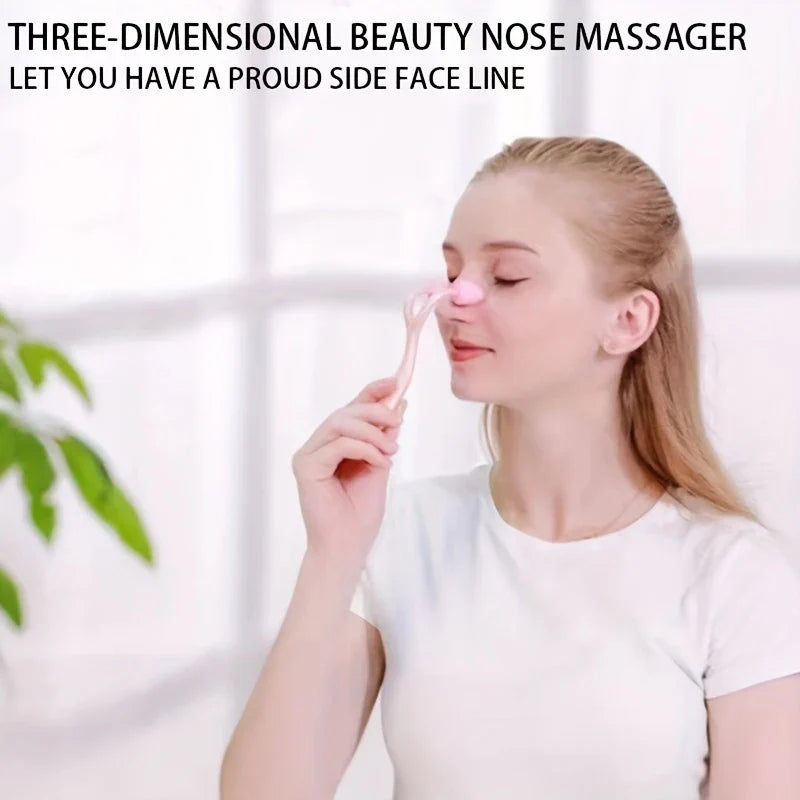Nase-Form-Lifting-Clip – Frau mit blonden Haaren hält ein rosafarbenes Y-förmiges Schönheitswerkzeug an ihre Nase; Text über ihrem Kopf
