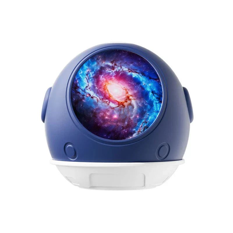 Space Theme Mist Maker - Round blue and white device with galaxy printed circular window panel, viewed front-on against white background