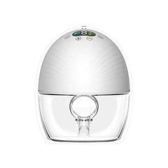 Wearable white and clear nursing milk collection pumping device with a digital control panel, shown on a plain white background.