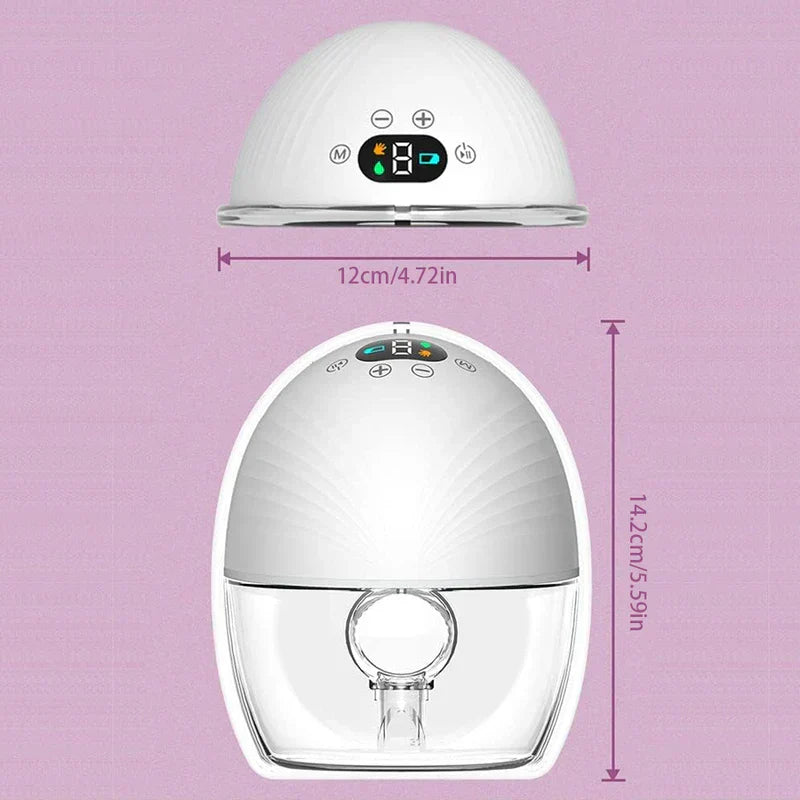 Two views of a nursing milk collection pumping device show its 12cm width and 14.2cm height with a digital control panel and clear lower chamber.