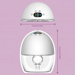 Two views of a nursing milk collection pumping device show its 12cm width and 14.2cm height with a digital control panel and clear lower chamber.