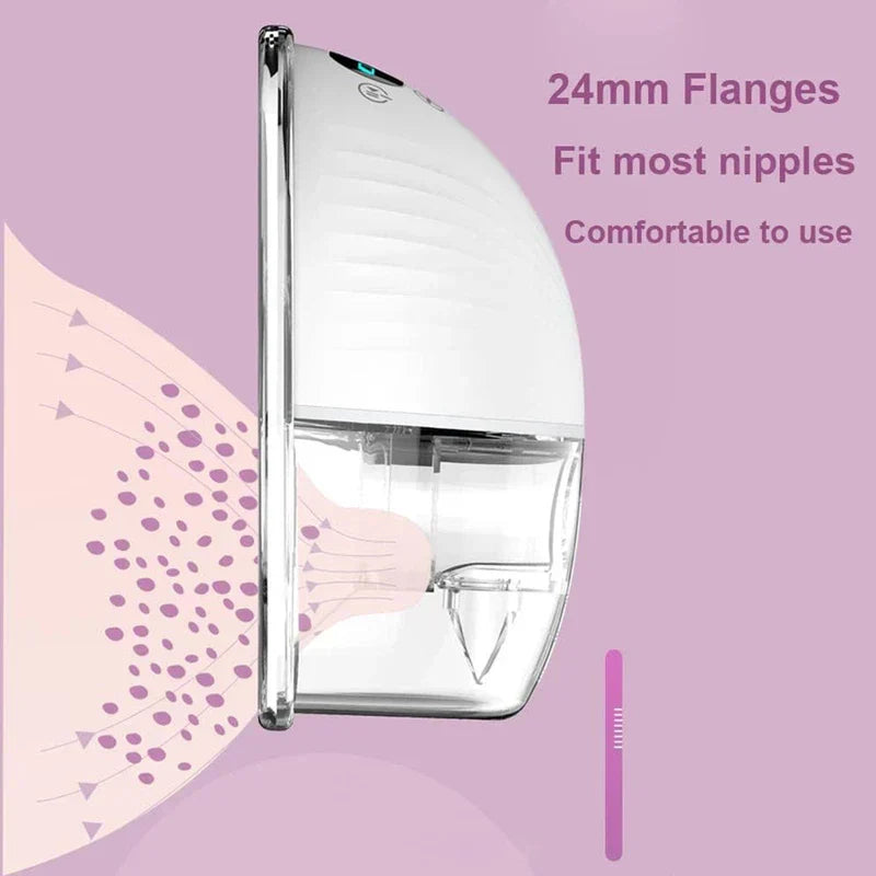 Side view of a nursing milk collection pumping device showing its clear lower chamber and 24mm flange with a pink abstract side graphic.