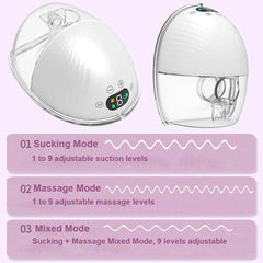 Two side views of a nursing milk collection pumping device displayed above text descriptions of three suction and massage modes.