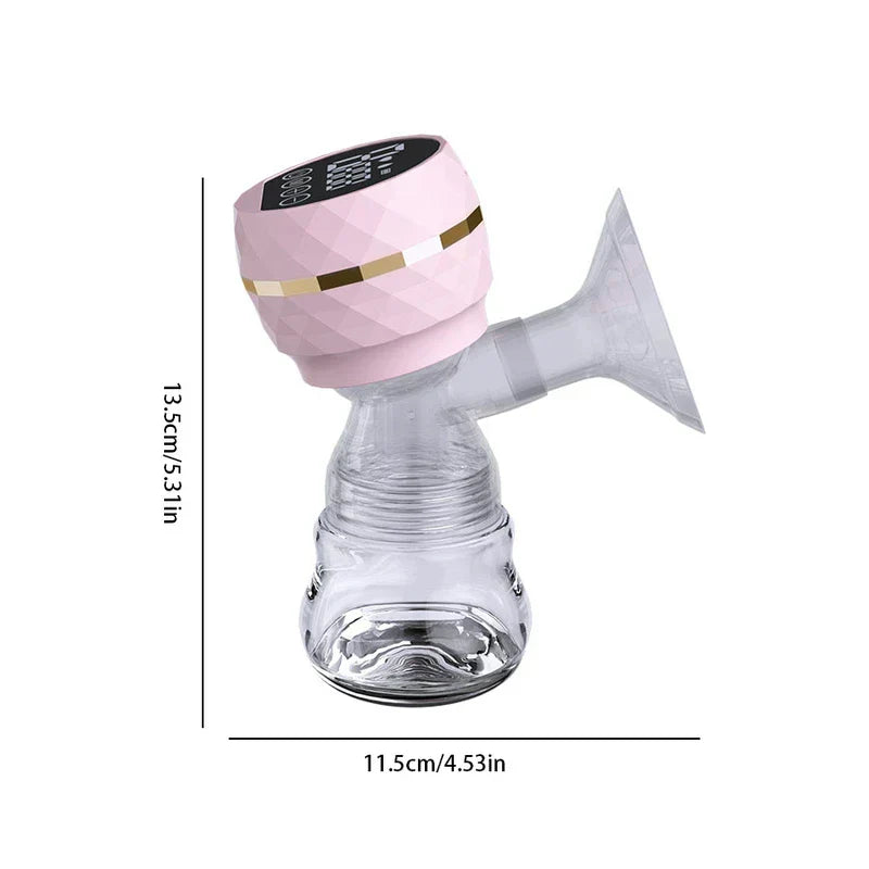 Nursing Milk Expression Pumping System Kit - Pink integrated electric breast pump with clear collection bottle and horn flange, product height and width marked.