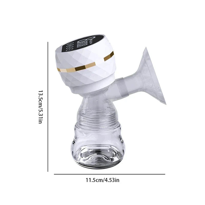 Nursing Milk Expression Pumping System Kit - White integrated electric breast pump with clear collection bottle and horn flange, product height and width marked.