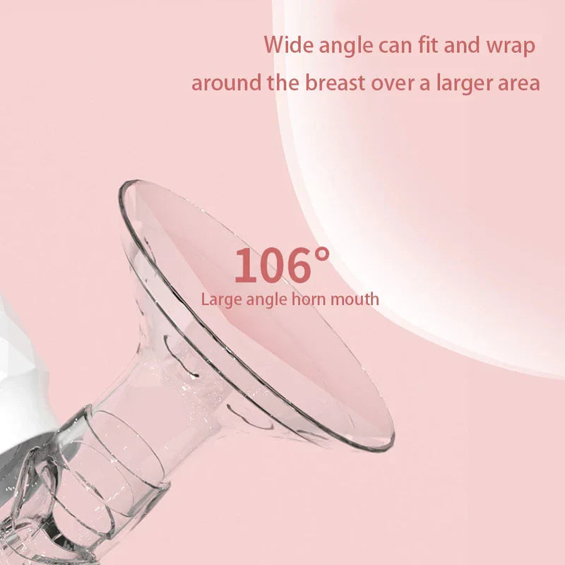 Nursing Milk Expression Pumping System Kit - Close-up of clear breast pump horn flange marked 106°, displayed against a pale pink background with descriptive text.