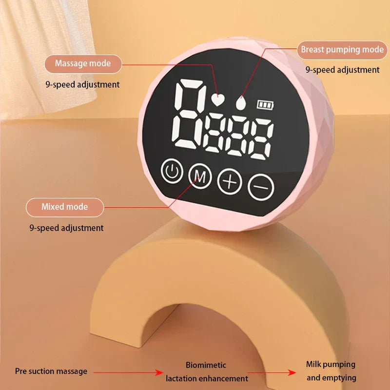 Kit del sistema de extracción de leche materna: unidad de control redonda rosa del extractor con pantalla digital, indicadores de modo, botones de control y etiquetas de características