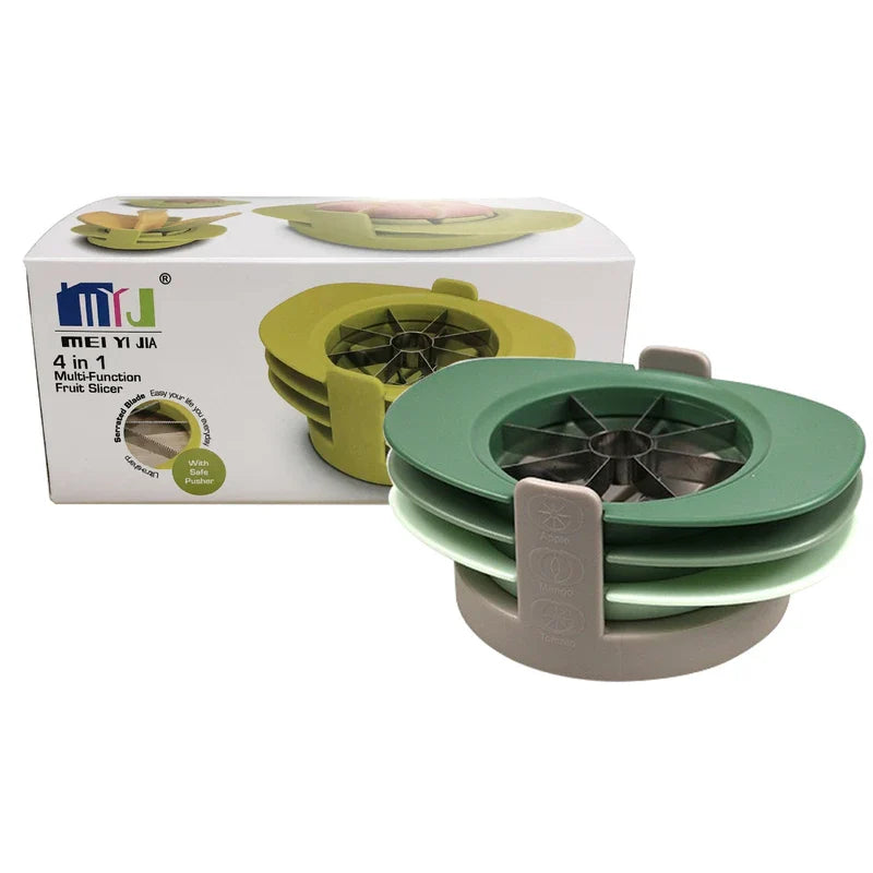 A green-toned 4-in-1 fruit slicer set with a pusher stacked in front of its product packaging box