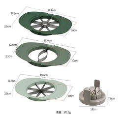 Fruit Slicer Set - Four stacked fruit slicer components with dimension labels and a weight listing of 372.3g on a white background