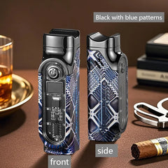 Straight Lighters - Front and side view of a lighter with black and blue geometric patterned casing, alongside a cigar, cutter, and whiskey glass