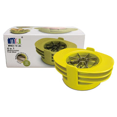 A bright yellow 4-in-1 fruit slicer set stacked in front of its product packaging box