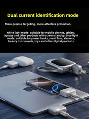 140w fast charger units with white and blue indicator lights shown with laptop, phone, power bank and earbuds