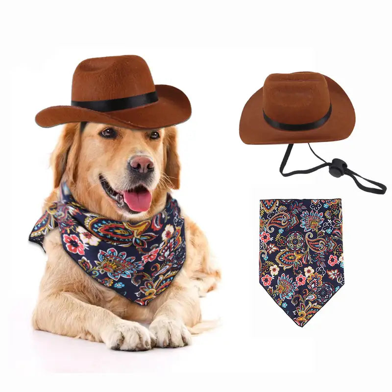 Pet western cowboy hat & scarf set on a dog