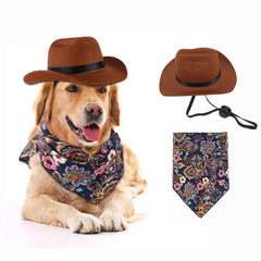 Pet western cowboy hat & scarf set on a dog