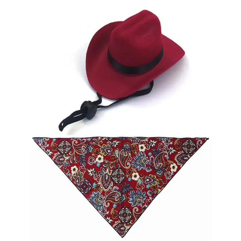 Scarf - Red mini cowboy hat with black chin strap and matching red paisley floral triangle bandana