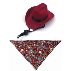 Scarf - Red mini cowboy hat with black chin strap and matching red paisley floral triangle bandana