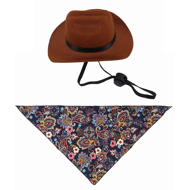 Scarf - Brown mini cowboy hat with black chin strap and dark blue paisley floral triangle bandana