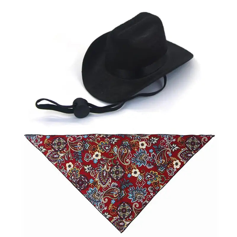 Scarf - Black mini cowboy hat with black chin strap, plus red paisley triangular bandana, on white background