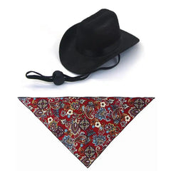 Scarf - Black mini cowboy hat with black chin strap, plus red paisley triangular bandana, on white background