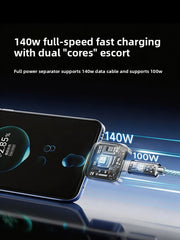 cargador rápido de 140 W enchufado a un teléfono inteligente, mostrando etiquetas de potencia de carga y una vista de placa de circuito