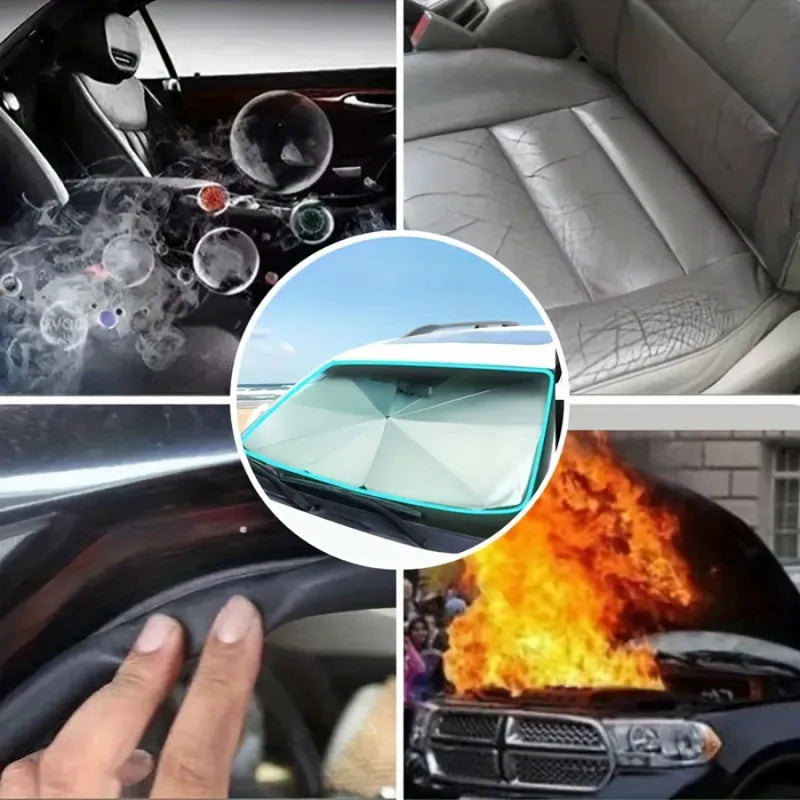Car Windshield Sunshade - Collage showing sun damage to car interior components, a flaming car, and a circular inset of an umbrella-style sunshade on a windshield