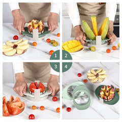 Fruit Slicer Set - four-step demo of slicing apple, mango, and tomato