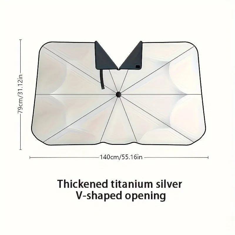 Car Windshield Sunshade - Car windshield sun shade, rectangular with V-shaped top notch, 140cm wide and 79cm tall, umbrella-style rib structure, silver-toned surface.