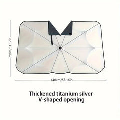 Car Windshield Sunshade - Car windshield sun shade, rectangular with V-shaped top notch, 140cm wide and 79cm tall, umbrella-style rib structure, silver-toned surface.