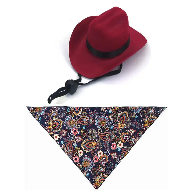 Pet western cowboy hat & scarf set displayed on a cat
