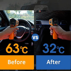 Car Windshield Sunshade - Split comparison: hand holding thermometer reads 63°C on car steering wheel labeled Before, 32°C labeled After.