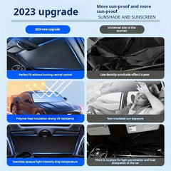 Car Windshield Sunshade - Six-panel 2023 upgrade sunshade comparison graphic: left blue panels show product features, right gray panels show poor alternatives.