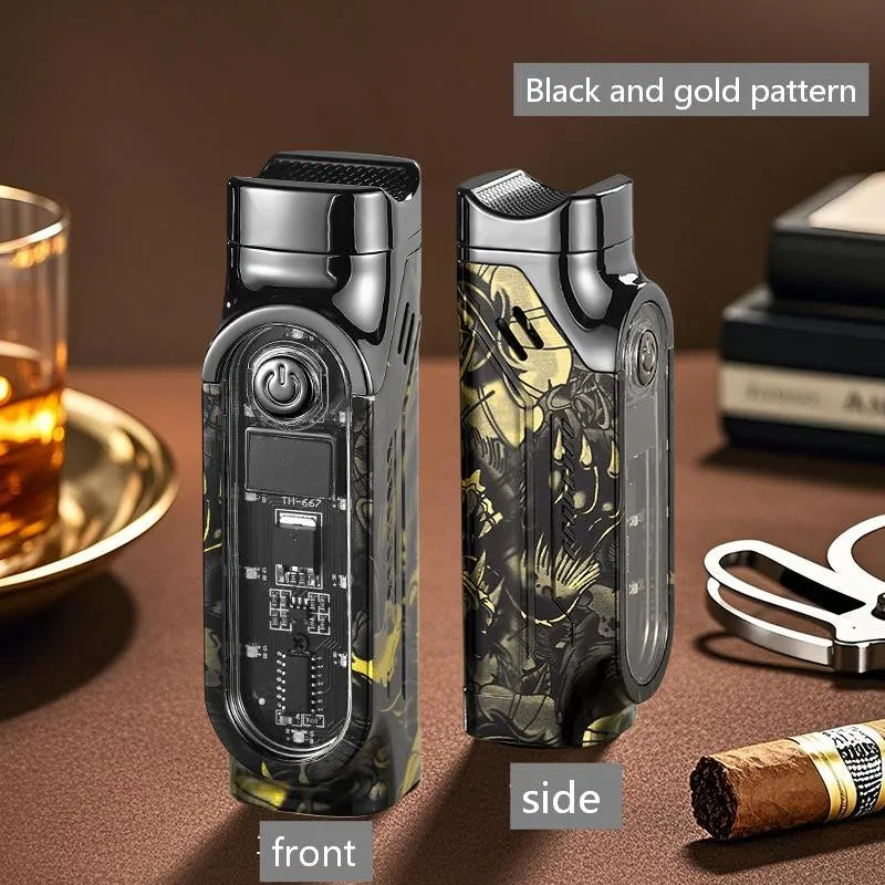 Straight Lighters - Front and side views of a black and gold patterned lighter with internal circuit view, on a table near a glass and cigar.