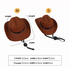 Scarf - S and M sized brown mini cowboy hats shown with dimension labels and size chart