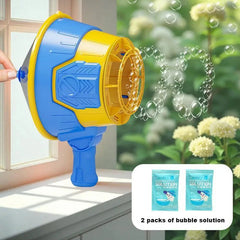 Bubble Gun - Blue and yellow handheld bubble blower on a windowsill, with two bubble solution packs shown beside it