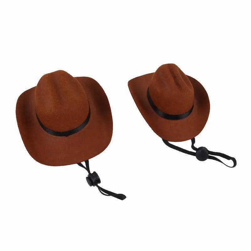 Scarf - Two brown mini cowboy hats with black chin straps and adjusters, on white background